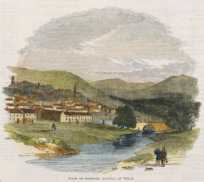 ह्यूस्टन का दृश्य, टेक्सास की राजधानी, सी। 1852 (हाथ से रंग की लकड़ी की नक्काशी) द्वारा अमेरिकी स्कूल