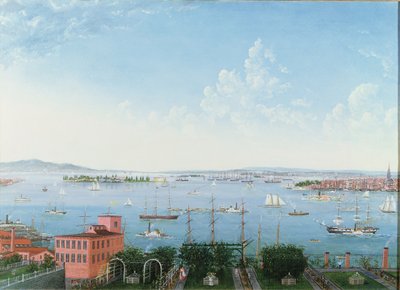 ब्रुकलिन हाइट्स से न्यूयॉर्क हार्बर का दृश्य, c.1860 (लिनन पर तेल) द्वारा अमेरिकी स्कूल