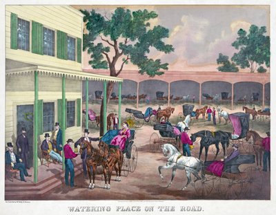 सड़क पर वाटरिंग प्लेस, पब। 1870 (हाथ से रंगी हुई नक्काशी) द्वारा अमेरिकी स्कूल