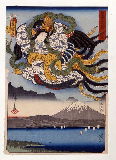 फ़ूजी पर्वत पर सूर्य की देवी अमेतरासु द्वारा Ando or Utagawa Hiroshige
