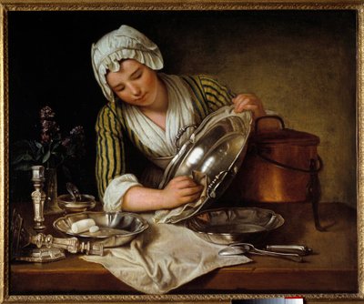 Servante asticant a डिश या "" La recureuse"" आंद्रे बॉयस द्वारा पेंटिंग (1656-1740) 1737 पेरिस, सजावटी कला - चांदी को चमकाने वाला घरेलू नौकर (या "" La Recureuse "")। आंद्रे बोयस द्वारा चित्रकारी (1656-1740) द्वारा आंद्रे बुइस