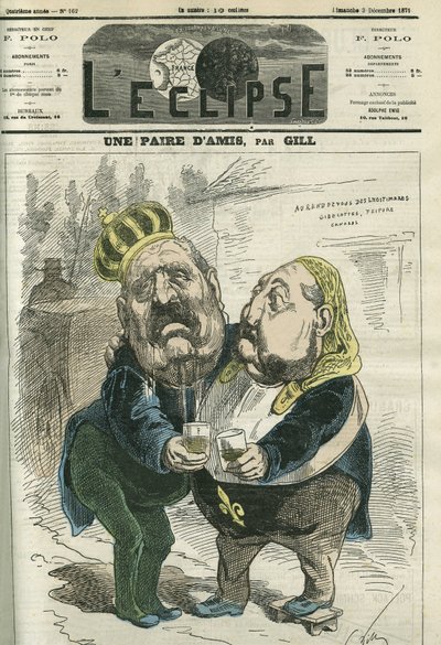 दोस्तों की एक जोड़ी, हिप्पोलीटे डी विलेमेसेंट (1812-1879), फिगारो के निदेशक और प्रिंस फिलिप डी'ऑरलियन्स (1838-1894), फ्रांस के सिंहासन का नाटक करते हुए। गिल द्वारा "" L'Eclipse" में कवर, 3 दिसंबर December द्वारा एंड्रयू गिल