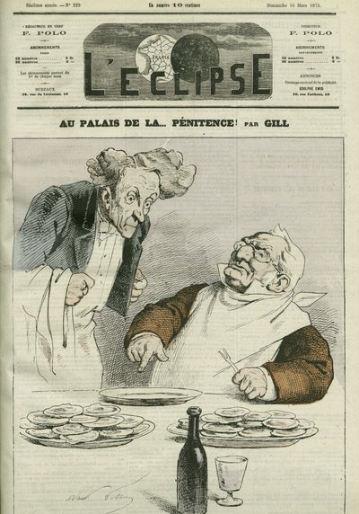 पश्चाताप के महल में, गणतंत्र के राष्ट्रपति एडोल्फ थियर्स (1797-1877) का कैरिकेचर। गिल द्वारा "" L'Eclipse" में कवर, मार्च १६ द्वारा एंड्रयू गिल