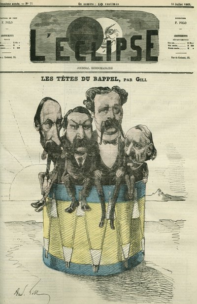 अगस्टे वैक्क्वेरी (1819-1895), विक्टर ह्यूगो (1802-1885), चार्ल्स ह्यूगो (1826-1871), और पॉल मेउरिस (1818-1905), फ्रेंच मैन ऑफ लेटर्स। गिल द्वारा "" L'Eclipse" में कवर, 10 जुलाई July द्वारा एंड्रयू गिल