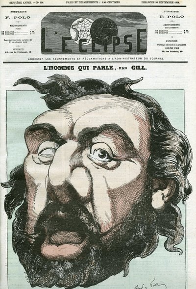 "वह आदमी जो बोलता है" का कार्टून, लियोन गैम्बेटा (1838-1882), फ्रांसीसी राजनीतिज्ञ। गिल द्वारा "" L'Eclipse" में कवर, सितम्बर 20 द्वारा एंड्रयू गिल