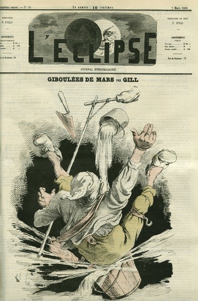 गिबौलिस डे मार्स, एक बाल्टी में गिरने वाले व्यक्ति का चित्रण। गिल द्वारा "" L'Eclipse" में कवर करें, 7 मार्च द्वारा एंड्रयू गिल