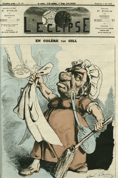 गुस्से में, एक महिला का चित्रण जो उसे एप्रन बनाती है। गिल द्वारा "" L'Eclipse" में कवर, 5 मई द्वारा एंड्रयू गिल