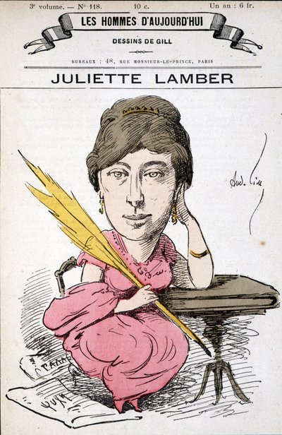 Les Hommes d'aujourd'hui, मैडम जूलियट एडम (नी लैम्बर्ट) (1836-1936), नारीवाद के खिलाफ एक लेखक, उन्होंने 19 वीं शताब्दी में एक प्रसिद्ध राजनीतिक सैलून की मेजबानी की। कार्टून गिल द्वारा एंड्रयू गिल