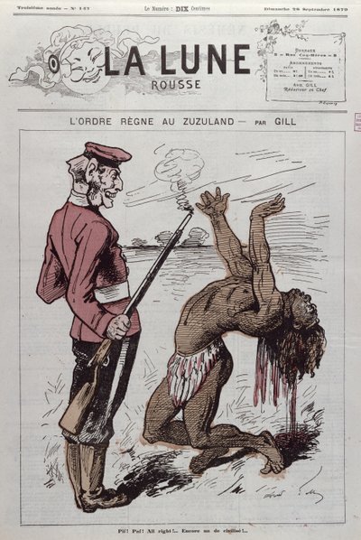&39;ज़ूगुलैंड में आदेश शासन&39;, 1879 में &39;ला ल्यून रूस&39; से दक्षिण अफ्रीका के अंग्रेजी उपनिवेश का कैरिकेचर द्वारा एंड्रयू गिल