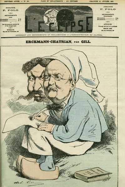 अलेक्जेंड्रे चट्रियन (1826-1890) और एमिल एर्कमैन (1822-1899) का पोर्ट्रेट, जिसे एर्कमैन-चट्रियन के नाम से जाना जाता है, फ्रांसीसी उपन्यासकारों की जोड़ी। गिल द्वारा "" L'Eclipse" में कवर, फरवरी 20 द्वारा एंड्रयू गिल
