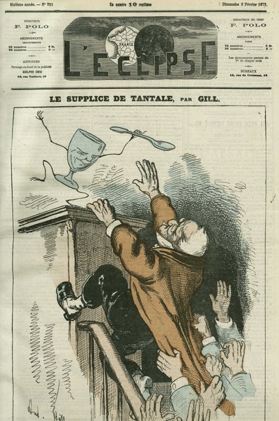 टैंटलस की पीड़ा, एडोल्फ थियर्स (1798-1874), फ्रांसीसी राजनेता द्वारा कैरिकेचर। गिल द्वारा "" L'Eclipse" में कवर, 2 फरवरी द्वारा एंड्रयू गिल