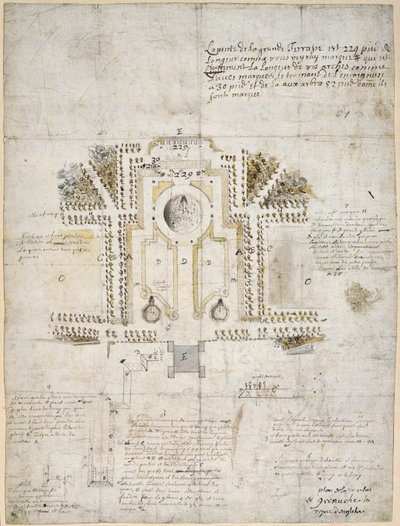 क्वीन्स हाउस, ग्रीनविच, 1662 (पेन, इंक इनड वाश) में गार्डन और पार्क को लैंडस्केप करने के लिए डिज़ाइन द्वारा आंद्रे ले नोट्रे