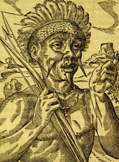 आंद्रे थेवेट (1504-1592), पेरिस द्वारा यूनिवर्सल कॉस्मोलॉजी से उत्कीर्ण नरभक्षी जनजाति के प्रमुख द्वारा आंद्रे तिवेट