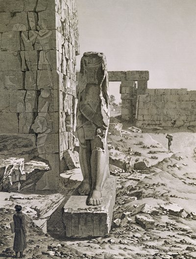 1822 में बाल्टार्ड द्वारा उत्कीर्ण, `मिस्र &39;के वर्णन के खंड III से कर्ब, थेब्स, प्लेट 20 के महल के हाइपोस्टाइल हॉल के प्रवेश द्वार पर कोलोसस का दृश्य द्वारा डुट्ट्रे के बाद आंद्रे