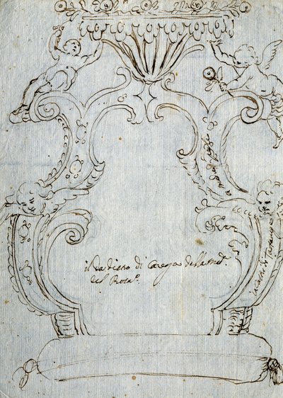 एंड्रिया ब्रुस्टोलन (1662-1732) द्वारा चेयर बैक के लिए स्केच, सीए 1715, श्वेत पत्र, इटली पर पेंसिल और पेन द्वारा एंड्रिया ब्रस्टोलन