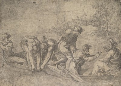 मछलियों का चमत्कारी ड्राफ्ट, दाईं ओर प्रेरितों के साथ क्राइस्ट ..., ca.1548-52। द्वारा एंड्रिया शियावोन
