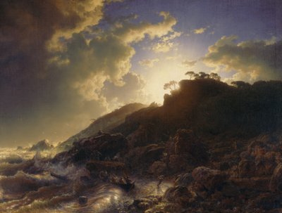 सिसिली के तट पर एक तूफान के बाद सूर्यास्त, 1853। द्वारा एंड्रियास अचेनबैक