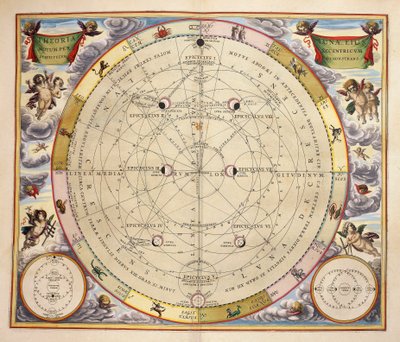 एंड्रियास सेलरियस (1596-1665) द्वारा हार्मोनिया मैक्रोकोस्मिका से उत्कीर्ण चंद्रमा और उसकी कक्षा के चरण द्वारा एंड्रयू सेलरियस