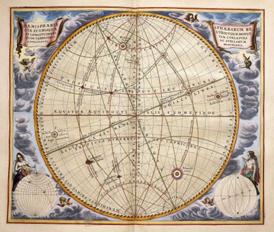 एंड्रियास सेलारियस (1596-1665) द्वारा हार्मोनिया मैक्रोकोस्मिका से उत्कीर्णन, पृथ्वी से देखे गए ग्रहों और सितारों के प्रक्षेपवक्र द्वारा एंड्रयू सेलरियस