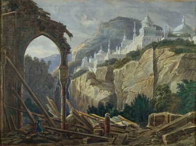 एम। ग्लिंका, 1842 द्वारा ओपेरा रुसलान और ल्यूडमिला के लिए स्टेज डिजाइन द्वारा एंड्रियास लियोनहार्ड रोलर