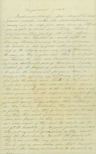 गवर्नर गैंबल [हैमिल्टन आर गैंबल], 1 अगस्त, 1862 को एंड्रयू ब्राउनलो, बुकानन काउंटी, मो. पर हस्ताक्षर किए गए पत्र द्वारा एंड्रयू ब्राउनलो