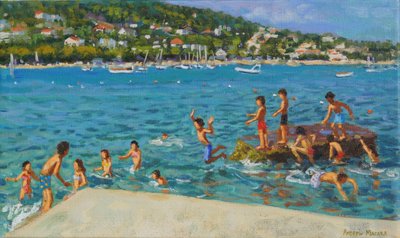 चट्टानों से कूदना; Cinque Terre, Positano, इटली, 2000 (कैनवास पर तेल) द्वारा एंड्रयू मकारा