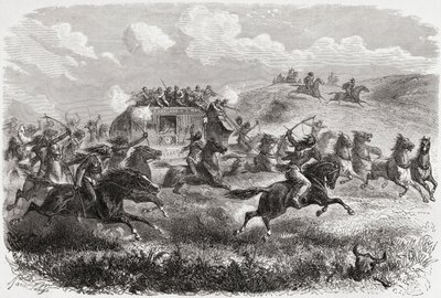 1867 में चार्ल्स लैपलैंट (d.1903) द्वारा उत्कीर्ण &39;द वर्ल्ड इन द हैंड्स&39; से चित्रण, 1867 में एक अंतरमहाद्वीपीय मंच पर हमला करने वाले भारतीय, 1878 में प्रकाशित द्वारा आंग लुइस जेनेट