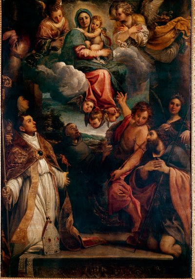 बच्चे के साथ महिमा में मैडोना और संत लुडोविक के छह संत मैडोना। Annibale Carracci द्वारा चित्रकारी (Annibal Carrache द्वारा एनीबेल कार्रेसी