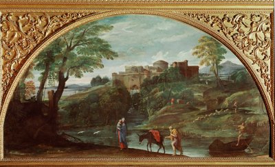 मिस्र के लिए उड़ान। एनीबेल कार्रेसी डिट कैरचे द्वारा पेंटिंग (1560-1609)। मंद: 122x230 सेमी। गैलेरिया डोरिया पैम्फिलज, रोम, इटली। द्वारा एनीबेल कार्रेसी