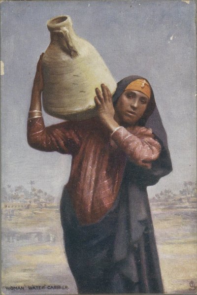 कंधे पर घड़ा लिए एक जलवाहक का चित्र। जलवाहक महिला। (वस्तु पर शीर्षक) द्वारा गुमनाम