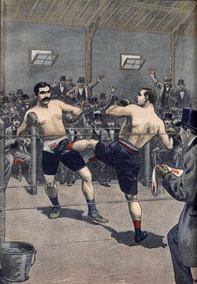 एक बॉक्सिंग असॉल्ट: ले पेटिटजर्नल 1899 में "सेवेट" की तकनीक के साथ जेरी डिस्कोल के खिलाफ फ्रेंच चैंपियन जोसेफ चार्लेमोंट (1839-1918) की जीत द्वारा अनाम अनाम