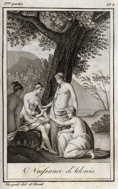 अदोनिस का जन्म हुआ है। चार्ल्स अल्बर्ट डेमोस्टियर (1760-1801) द्वारा "लेट्रेस ए एमिली सुर ला मिथोलॉजी" में 1819 से उत्कीर्ण। निजि संग्रह। द्वारा अनाम अनाम