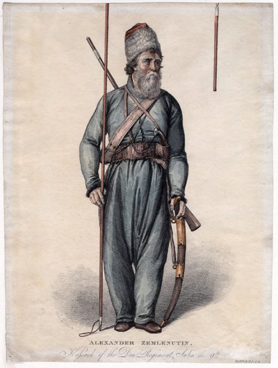 अलेक्जेंडर ज़ेमल्यानुखिन, डॉन रेजिमेंट के कोसैक - बेनामी - सीए 1813 - नक़्क़ाशी, जल रंग - 34,3x25,3 - निजी संग्रह द्वारा अनाम अनाम