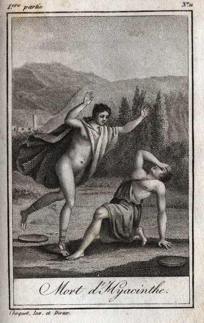 चार्ल्स अल्बर्ट डेमोस्टियर (1760-1801) द्वारा "लेट्रेस ए एमिली सुर ला मिथोलॉजी" में 1819 की उत्कीर्णन अपोलो और हयासिंथोस (हायसिंथे की मृत्यु)। निजि संग्रह। द्वारा अनाम अनाम