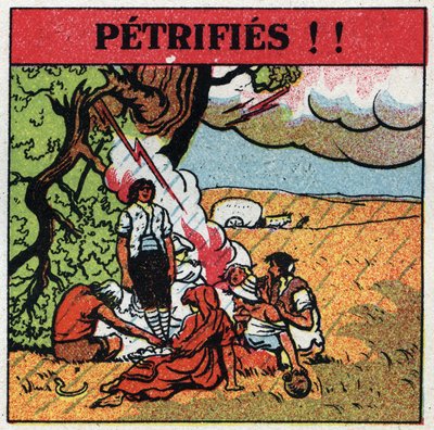 वायुमंडलीय बिजली: बिजली से बिजली के झटके वाले पुरुष डरे हुए रहते हैं। 1925 से बेनामी चित्रण। निजी संग्रह। द्वारा अनाम अनाम