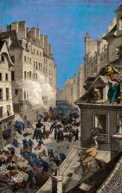 1830 में रुए सेंट एंटोनी के बैरिकेड पर लड़ाई, उत्कीर्णन, निजी संग्रह द्वारा अनाम अनाम
