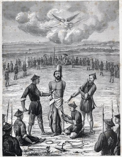 ईसाई उत्पीड़न: फ्रांसीसी मिशनरी पुजारी जोसेफ मारचंद को 30 नवंबर 1835 को कोचीनीना में "सौ घावों की पीड़ा" का सामना करना पड़ा। लुई-यूजीन (लुई यूजीन) लौवेट द्वारा "लेस मिशन कैथोलिक एयू XIXeme सिएकल" में उत्कीर्णन। निजी कंपनी द्वारा अनाम अनाम