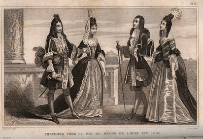 राजा लुई XIV (1710) के शासनकाल के अंत की वेशभूषा। 1859 से "" ले मोंडे में उत्कीर्णन। सबसे दूरस्थ समय से लेकर आज तक सभी लोगों का इतिहास ”। एमई डे लॉस्टलॉट-बाचौए (लॉस्टलॉट बचौ) द्वारा। निजि संग्रह। द्वारा अनाम अनाम