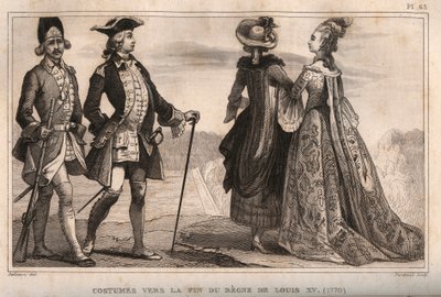 राजा लुई XV (1770) के शासनकाल के अंत की वेशभूषा। 1859 से "" ले मोंडे में उत्कीर्णन। सबसे दूरस्थ समय से लेकर आज तक सभी लोगों का इतिहास ”। एमई डे लॉस्टलॉट-बाचौए (लॉस्टलॉट बचौ) द्वारा। निजि संग्रह। द्वारा अनाम अनाम