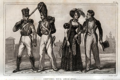 लुई XVIII के तहत वेशभूषा। 1859 से "" ले मोंडे में उत्कीर्णन। सबसे दूरस्थ समय से लेकर आज तक सभी लोगों का इतिहास ”। एमई डे लॉस्टलॉट-बाचौए (लॉस्टलॉट बचौ) द्वारा। निजि संग्रह। द्वारा अनाम अनाम