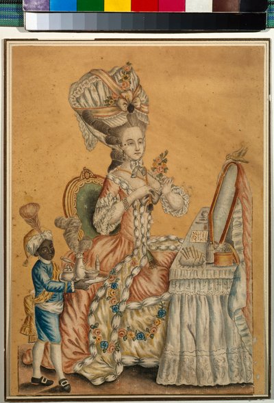 शौचालय में एक काले लड़के के साथ महिला - गुमनाम काम, कागज पर जल रंग लगभग 1770 (29.2x21.2 सेमी) - स्टेट ट्रेटीकोव गैलरी, मॉस्को द्वारा अनाम अनाम