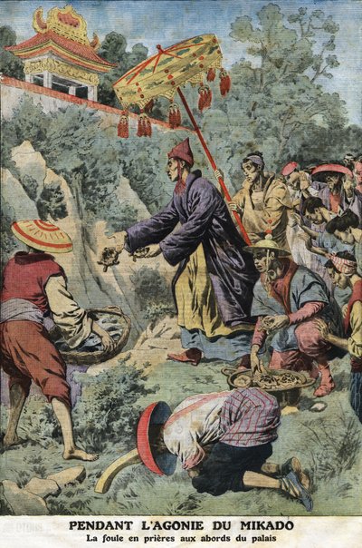 मिकाडो (जापान के सम्राट) मीजी (1852-1912) की पीड़ा के दौरान: महल के पास प्रार्थना में भीड़। 11/08/1912 को "" ले पेटिट जर्नल" में उत्कीर्णन। निजि संग्रह। द्वारा अनाम अनाम