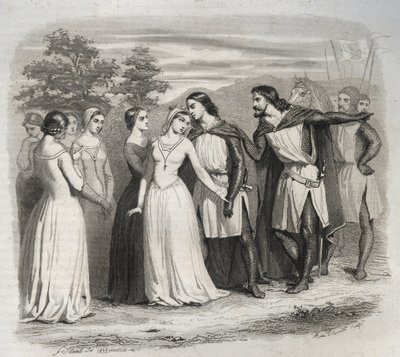 हंगरी के सेंट एलिजाबेथ (थुरिंगिया) (1207-1231) को उनके पति, थुरिंगिया के लुई IV (1200-1227) को विदाई, 1227 में 6 वें धर्मयुद्ध के लिए रवाना हुए। 1846 से "संतों के जीवन" में उत्कीर्ण। निजि संग्रह। द्वारा अनाम अनाम
