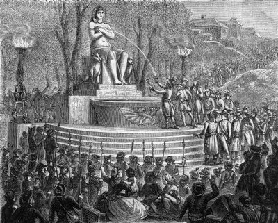 नया संविधान दिवस (29 थर्मिडोर वर्ष I या 10 अगस्त 1793) - बैस्टिल के मलबे पर उत्थान का फव्वारा (10 अगस्त 1793) - अल्फोंस डी लैमार्टिन (1790-1869) 1865-1866 द्वारा "हिस्टोइरे डेस गिरोंडिन्स" में उत्कीर्णन - निजी गोंद द्वारा अनाम अनाम
