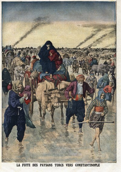प्रथम बाल्कन युद्ध: कांस्टेंटिनोपल के लिए तुर्की के किसानों की उड़ान। "" ले पेटाइट जर्नल "" 24/11/1912 निजी संग्रह से लिया गया चित्रण। द्वारा अनाम अनाम