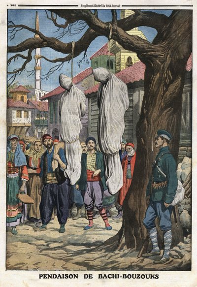 पहला बाल्कन युद्ध (बाल्कन): केत्चुकेली गांव में बल्गेरियाई सेना द्वारा कब्जा किए गए तुर्क सेना, लुटेरों और लुटेरों के भाड़े के घुड़सवार, बाचीबुज़ुक (बाचीबुज़ुक, बाची बुज़ुक) की फांसी। "" ले पेटिट जर्नल"" से लिया गया चित्रण 08/12/1912 द्वारा अनाम अनाम