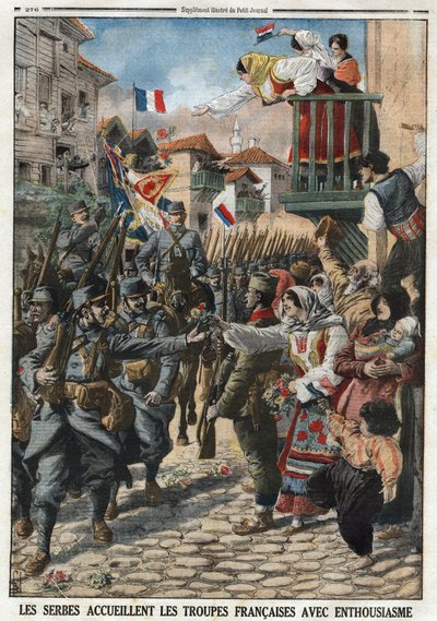 प्रथम विश्व युद्ध 1914-1918 (14-18): सर्बों ने उत्साह के साथ फ्रांसीसी सैनिकों का स्वागत किया। 24/10/1915 को "" ले पेटिट जर्नल" में उत्कीर्णन। निजि संग्रह। द्वारा अनाम अनाम