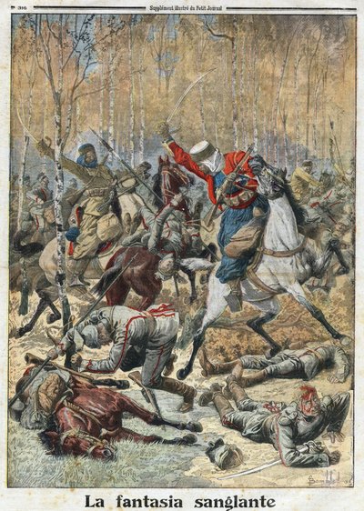 प्रथम विश्व युद्ध 1914-1918 (14-18): "द ब्लडी फंतासिया"। जंगल में, तीस उहलान (भाले के साथ जर्मन घुड़सवार) की एक टुकड़ी आठ विजयी अल्जीरियाई स्पाही द्वारा लड़ी गई। 11/28/1915 को "" ले पेटिट जर्नल" में उत्कीर्णन। निजि संग्रह। द्वारा अनाम अनाम