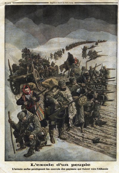 प्रथम विश्व युद्ध 1914-1918 (14-18): "लोगों का पलायन"। सर्बियाई सेना सर्बिया से अल्बानिया भाग रहे किसानों के काफिले की सुरक्षा करती है। 26/12/1915 को "" ले पेटिट जर्नल "" में उत्कीर्णन। निजि संग्रह। द्वारा अनाम अनाम