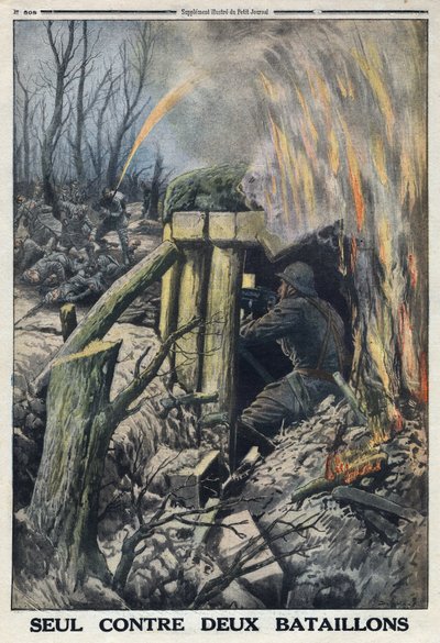 प्रथम विश्व युद्ध 1914-1918 (युद्ध 14-18)। एक फ्रांसीसी अधिकारी Bois de Caures में जर्मन सेना की दो बटालियनों के खिलाफ अपने दम पर लड़ता है। 14/05/1916 को "" ले पेटिट जर्नल "" में। निजि संग्रह द्वारा अनाम अनाम